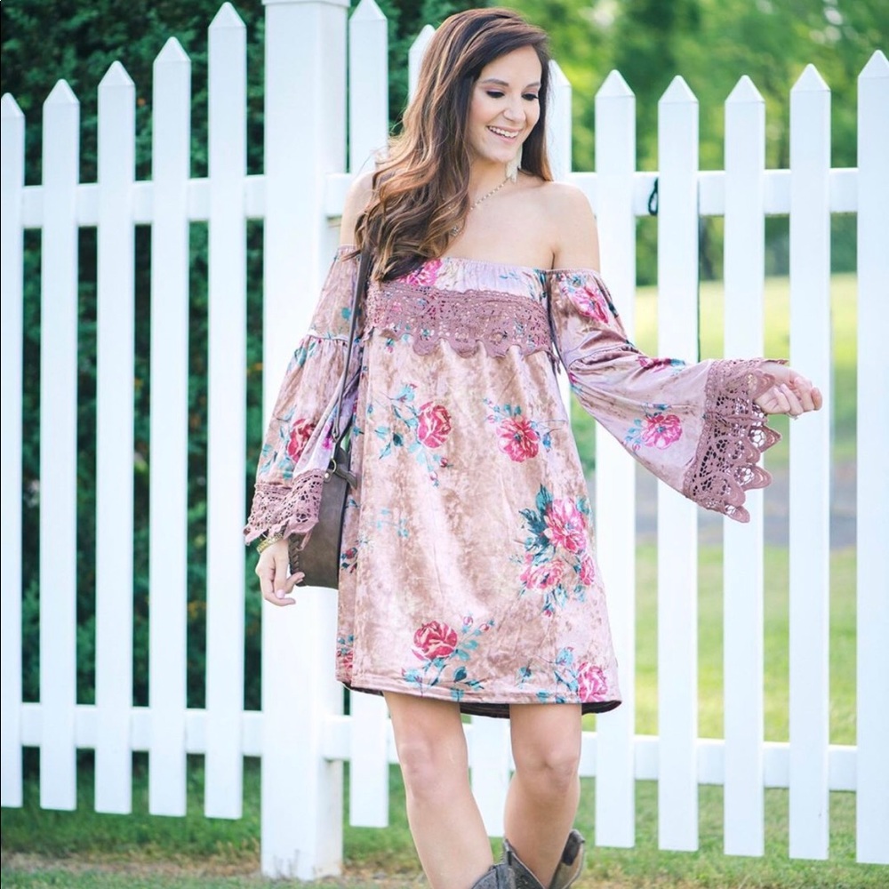 Floral Pink Velvet Crochet Dress